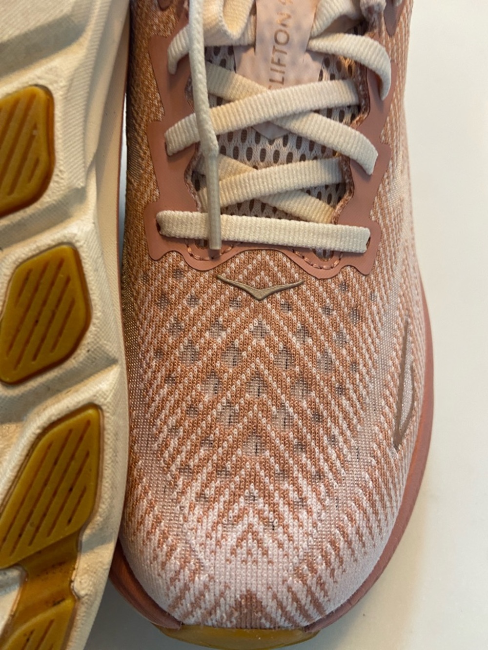 Hoka Clifton Women's Athletic Shoes in Blush Pink and White - Picture 10 of 16